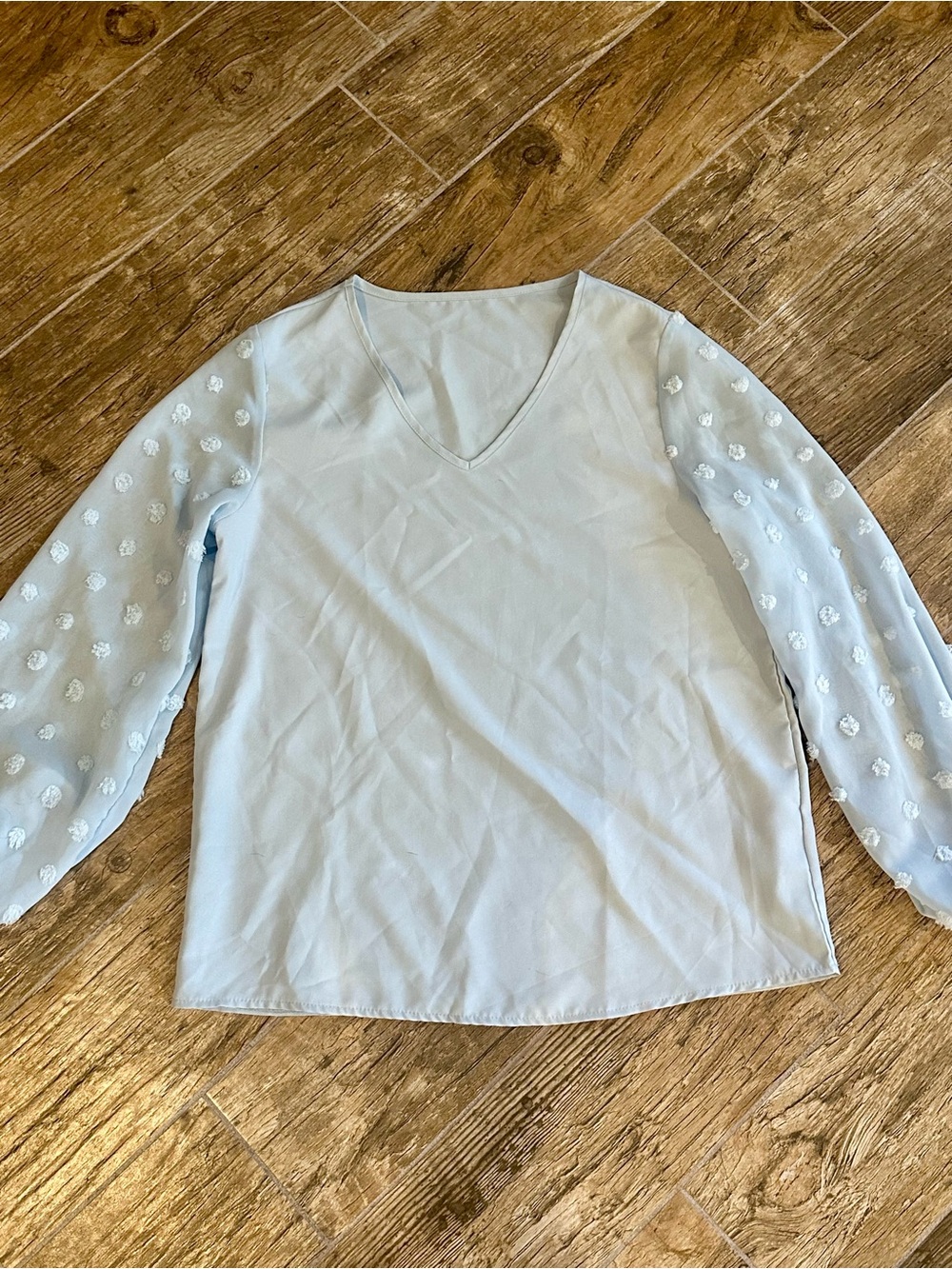 SHEIN Pale Blue V-Neck Blouse with Sheer Floral Dot Sleeves